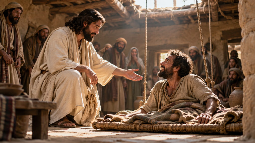 Jesus estende a mão ao paralítico em Cafarnaum, em cena que ilustra o tema Jeová Rafá, o Senhor que cura